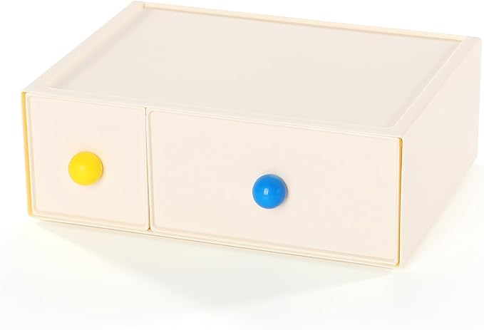 OSteed Desktop Drawers, Desk Organizer with 2 Drawers & Dopamine Handles, Stackable Plastic Storage Box for Home Collection, Cosmetics, Office Supplies (1 Tall Layer, Cream)