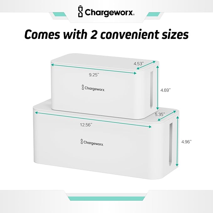 ChargeWorx Cable-Management Box Set, 2 Pack Cord Organizer to Hide Power Strips and Surge Protectors, Desk and Floor Wire Concealer for Home Office, TV Area, White