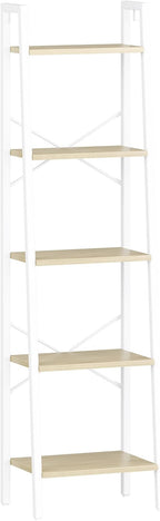 Hzuaneri Ladder Shelf, Bookshelf Bookcase, Freestanding Corner Storage Shelve with 2 Hooks for Home Office, Living Room, Kitchen, Bedroom, Industrial, 11.8" D x 17.3" W x 63" H, White Oak and White