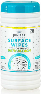 Juniper CLEAN 1 Pack Surface Cleaning Wipes with Bleach, All-Purpose Cleaner for Bathroom, Kitchen, Office, 75 Count Canister, 7.5" x 7" Sheet, Fresh Scent, Lint Free & Durable
