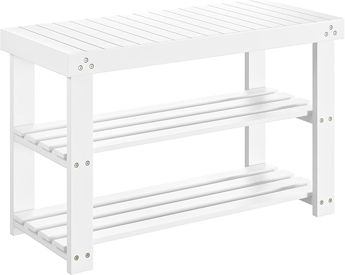 Pipishell Bamboo Shoe Rack Bench, 3-Tier Sturdy Shoe Organizer, Storage Shoe Bench, Holds up to 300lbs for Entryway Bedroom Living Room Balcony (White)
