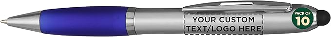 DISCOUNT PROMOS Custom Stylus Ballpoint Pens Set of 10, Personalized Bulk Pack - Black Ink, Great for Office, School, Business, Tradeshows, Events - Blue