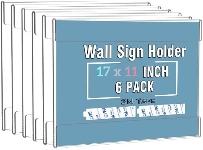 Dingelex Acrylic 11 x 17 Horizontal Sign Holder Wall Mount,Clear Door Sign Holder Hanging Plastic Document Holder,Acrylic Wall Frame Plastic Wall Holders for Paper,6 Pack,No Drilling, Landscape