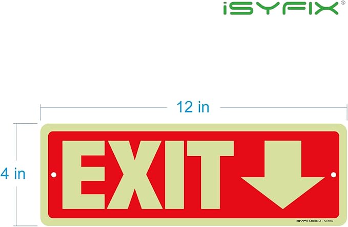 iSYFIX Exit Signs with Directional Down Arrow, Glow in the Dark, Photoluminescent Aluminum 12x4 Inch - 6 Pack, Laminated for UV & Weather Resistance, Ideal for Offices, Schools, Theaters & More