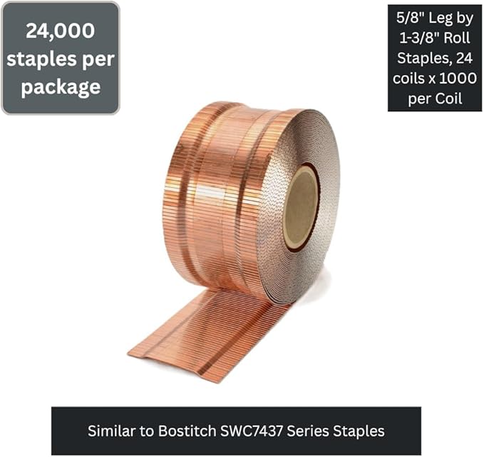 Klinch-Pak K-SWC7437-5/8, 5/8" Leg by 1-3/8" Roll Staples, 24,000 per Package, SWC7437 1M Series Staples, Ideal for Folding Boxes, Complete Overlap, Copper Color