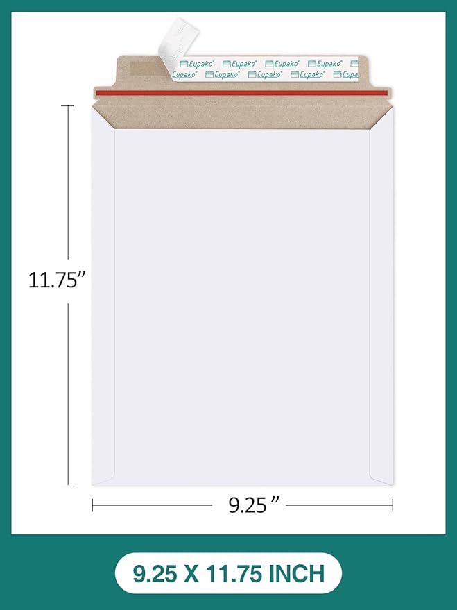 Eupako 9x11.5" 25 Pack Photo Document Mailer White Stay Flat Self-Seal Cardboard Envelopes for CDs, Pictures, Documents, 9.25 x 11.75 Inches