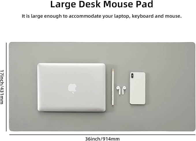 Wolaile PU Leather Desk Pad Blotter,Light Grey Waterproof Office Desktop Mat,36x17in Non-Slip Large Mouse Pad/Writing Protector/Desk Accessories