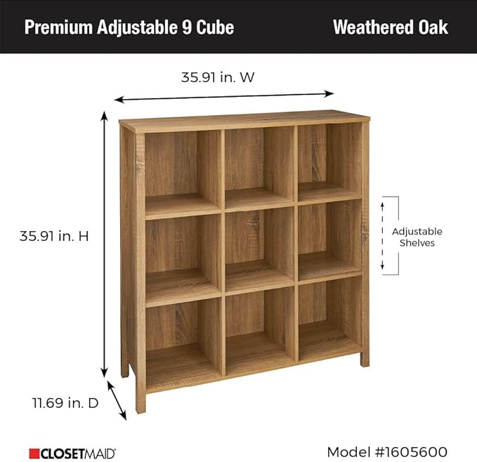ClosetMaid 9-Cube Premium Adjustable Storage Organizer, Weathered Oak