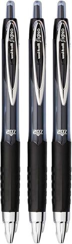 Advantage Gifts Signo 207 Roller Ball Retractable Gel Pens, Medium Point (0.7mm), Black Ink, 3 Count, Bundle with Plastic Reusable Pouch