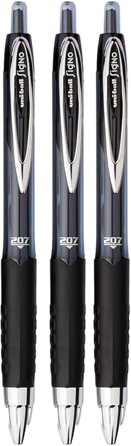 Advantage Gifts Signo 207 Roller Ball Retractable Gel Pens, Medium Point (0.7mm), Black Ink, 3 Count, Bundle with Plastic Reusable Pouch