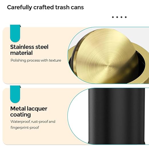 YOJIA 4 Gallon Black Gold Bathroom Trash Can, Stainless Steel Waste Basket, Large Capacity Garbage Can, for Bedroom Kitchen Office Hotel (Black)