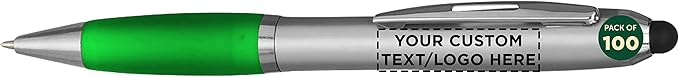 DISCOUNT PROMOS Custom Stylus Ballpoint Pens Set of 100, Personalized Bulk Pack - Black Ink, Great for Office, School, Business, Tradeshows, Events - Green