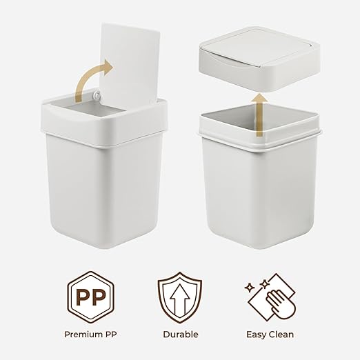 carrotez Mini Trash Can, Countertop Trash Can with Lid, 2 Liter/ 0.5 Gallon, Waste Basket, Garbage Container for Coffee Bar, Bathroom, Kitchen, Office, Desk, Bedroom - White