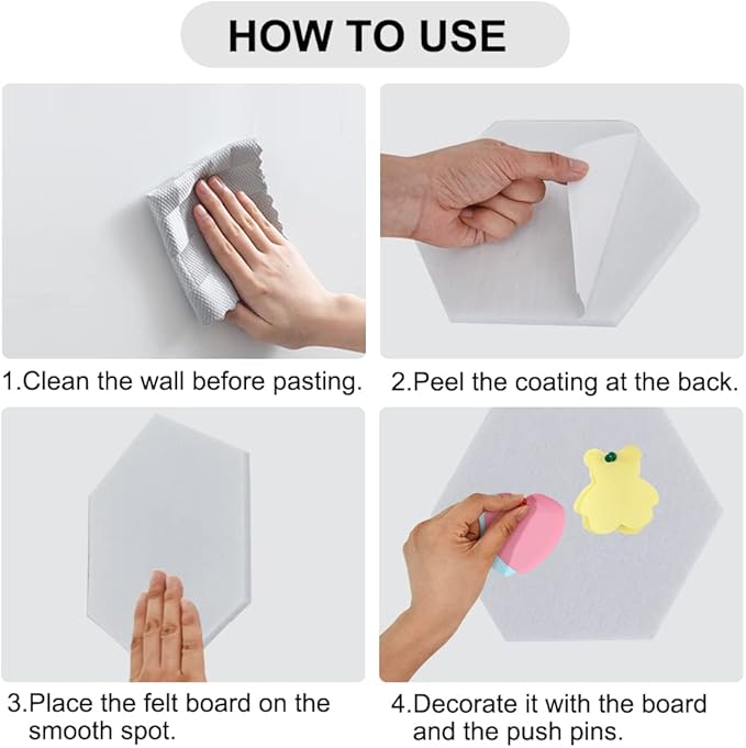 Vuzvuv 6 Pcs Hexagon Bulletin Board with 50 Pushpins & Sticky Note Adhesive Cork Board for Wall，Felt Pin Board for School，Office Decor（White）