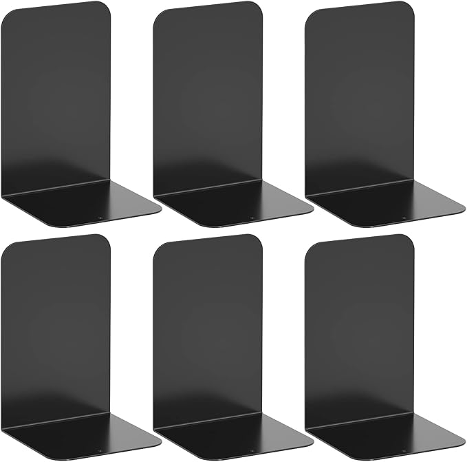 VFINE Bookends 3 Pairs, Black Metal Book Ends, Heavy Bookends for Shelves, Book Stopper for Heavy Books, Book Organizer for Home Office School Supplies