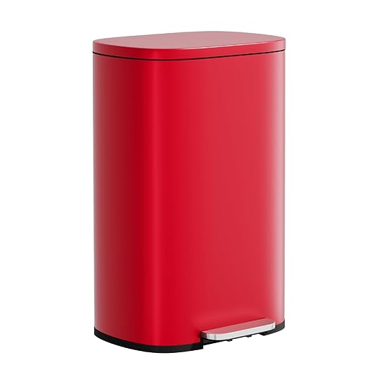 PayLessHere Stainless Steel Trash Can with Lid - Removable Inner Bucket, Foot Pedal, Soft Close for Office, Home, Kitchen (Red, 13 G)