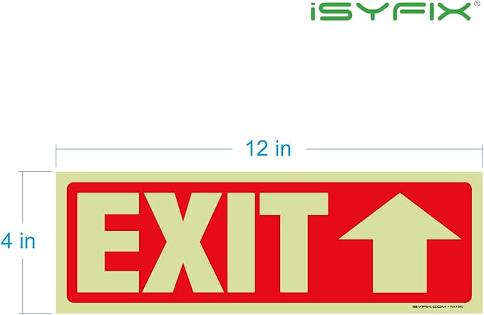 iSYFIX Exit Stickers Signs with Directional Up Arrow 2 Pack 12x4 Inch - Glow in the Dark Photoluminescent Vinyl for Office, School, Business, Warehouse - UV & Weather Resistant for Indoor/Outdoor Use