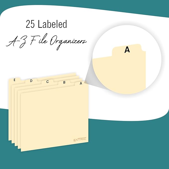 Alphabetical File Organizer, File Cabinet Dividers Letter Size, 25 Heavyweight Manila Guides A-Z Dividers with Tabs, 1/5 Cut Tab Positions Filing Cabinet and Desk Organizer