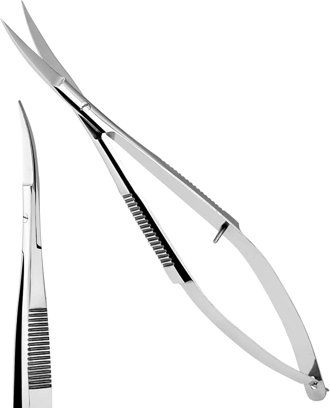 Cross Edge Curved Spring Scissors 5 Inch Stainless Steel Precision Eyebrow & Eyelash Shaping & Trimming Scissor, Snips Squeeze, Embroidery, Knitting Micro Tip Craft Scissors (Silver)
