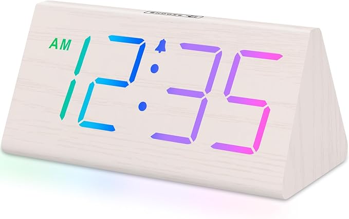 DreamSky Wooden Digital Alarm Clock for Bedroom - RGB Electric Desk Clock with Large Numbers, USB Port, Loud Alarm for Heavy Sleepers, Dimmer and Volume Control, Snooze, Wood Décor (Adapter Powered)