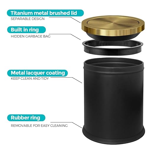 YOJIA 4 Gallon Black Gold Bathroom Trash Can, Stainless Steel Waste Basket, Large Capacity Garbage Can, for Bedroom Kitchen Office Hotel (Black)