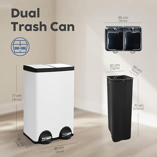 JM ·YIPENG Kitchen Trash Can, 2 x 8 Gallon (2 x 30 L) Recycling Bin with Lid, Double Trash Cans, Soft-Close Foot Pedal, 2 Compartments Garbage Cans for Kitchen, Dual Trash Can, White