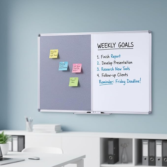 DexBoard 48x36 inch Large Magnetic Combo Board - Dry Erase Whiteboard & Grey Bulletin Board Combination | Framed Corkboard & Magnetic Whiteboard for Office, Classroom, Home | Durable Aluminum Frame