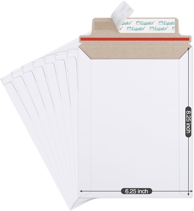 Eupako 6x8" 25 Pack Photo Document Mailer White Stay Flat Self-Seal Cardboard Envelopes for CDs, Pictures, Documents, 6.25 x 8.25 Inches