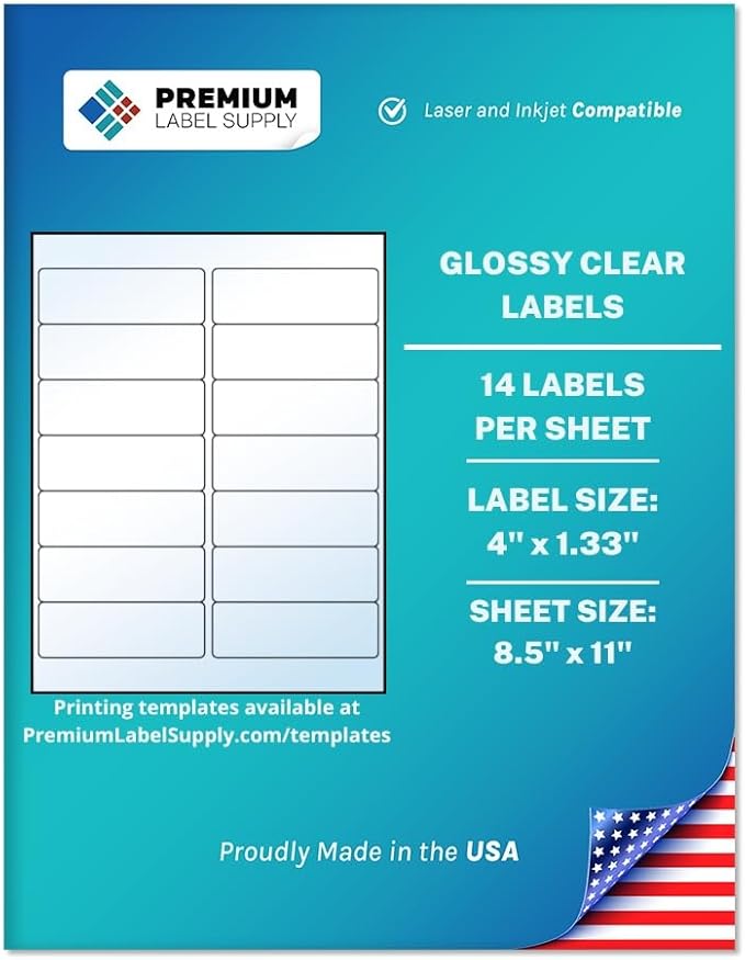 Premium Label Supply Glossy Clear Mailing Labels – 4" x 1.33" – Laser/Inkjet Compatible – (14 per Sheet), 500 Sheets – 7,000 Total Adhesive Labels