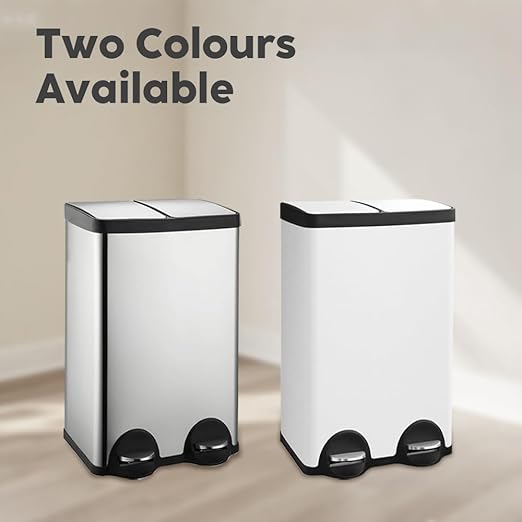 JM ·YIPENG Kitchen Trash Can, 2 x 8 Gallon (2 x 30 L) Recycling Bin with Lid, Double Trash Cans, Soft-Close Foot Pedal, 2 Compartments Garbage Cans for Kitchen, Dual Trash Can, White