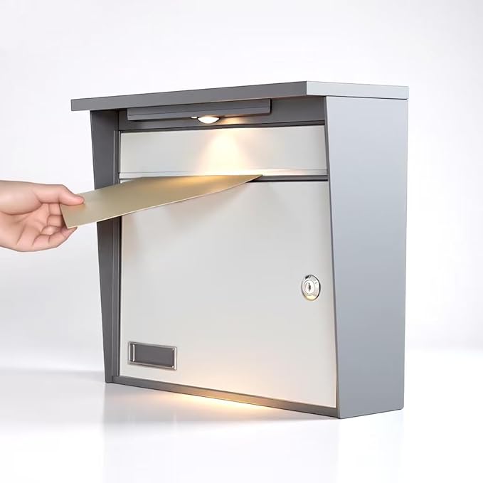 Solar Wall Mount Mailbox for Outside - Auto LED Light at Dusk, Large Locking Mail Box (13 x 3.7 x 12.2 Inches) with Key, Secure Metal Mailboxes for House Outside, Waterproof & Rust-Proof