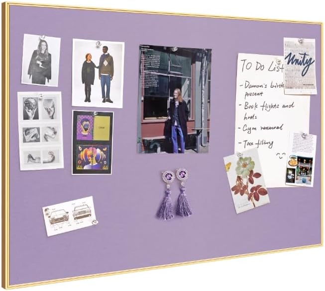 Lightomorrow Bulletin Board 30 x 20 inches, Mystic Violet Pin Board, Golden Aluminum Framed Fabric Cork Board with 10 Push Pins