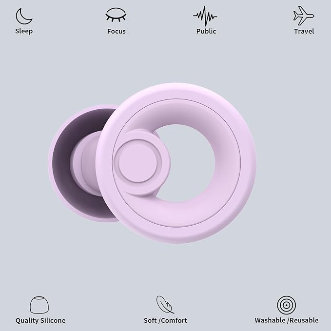Jayine Ear Plugs for Noise Reduction, Reusable Concert Earplugs Hearing Protection, Soft Silicone Ear Plugs for Sleeping, Focus, Noise Sensitivity - Ear Tips in XS/S/M/L - Purple