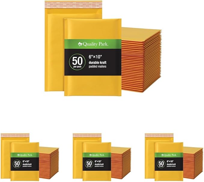 Quality Park Bubble Mailers, 6 x 9 Shipping Envelopes, Self-Seal, Durable Brown Kraft Padded Envelopes, Redi-Strip Peel Off Closure, 50 Per Box (QUA85755) (Pack of 4)