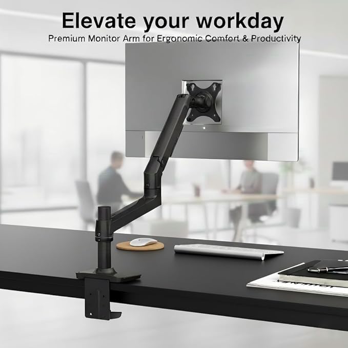 Ergounion Single Monitor Arm Desk Mount, Holds Screens up to 40 Inches and 25 lbs, Fully Adjustable Vesa Monitor Mount with C-Clamp and Grommet Base, Aluminum, Black