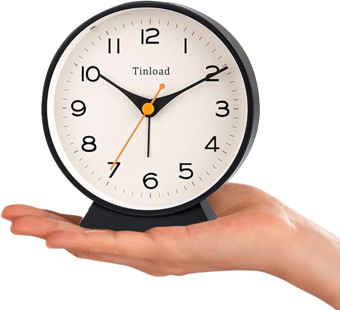 Tinload 4.5" Battery Operated Retro Analog Alarm Clock, Small Silent Bedside Desk Clock,Lighted on Demand, Battery Operated, Snooze, for Living Room, Bedroom, Bedside, Desk(Black)
