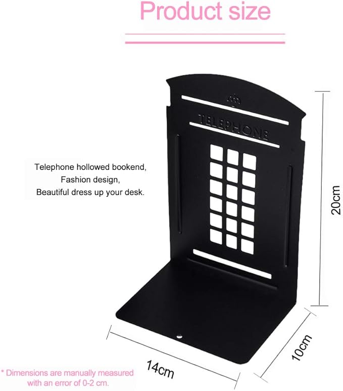 MerryNine 2 Pack Book Ends, Metal Bookends for Shelves, Telephone Booth Decorative Bookends, Non Skid Heavy Bookends, Book, Magazine or CD Organizers for Home and Office (Black-2pcs)
