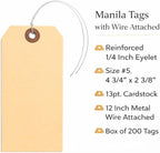 Durable Shipping Tags with Wire Ties – 200 Tags # 5, 4 3/4" x 2 3/8" – Manila Paper Tags with Wire and Reinforced Eyelet