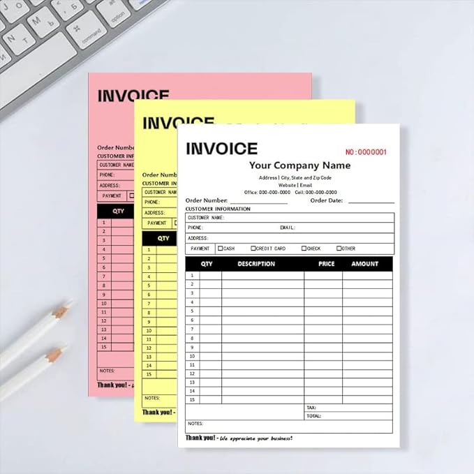 Custom Carbonless Sales Invoice Form Books for Small Business, Personalized NCR 3-Part Receipt Book with Carbon Copies, Cover Add Company Name, Address and Number Printed