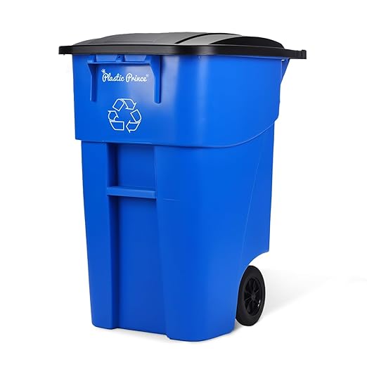 Plastic Prince 50 Gallon Trash Can with Lid Rollout Recycling Bin Large Outdoor, Commercial Heavy-Duty Container with Wheels, Blue