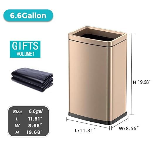 YOJIA 6.6 Gallon/25L Stainless Steel Square Trash Can, Elegant, Inner Basket, Large Capacity Kitchen Garbage Can, Open Top, Gold Waste Basket, for Bathroom Home Office Hotel (25L Gold)
