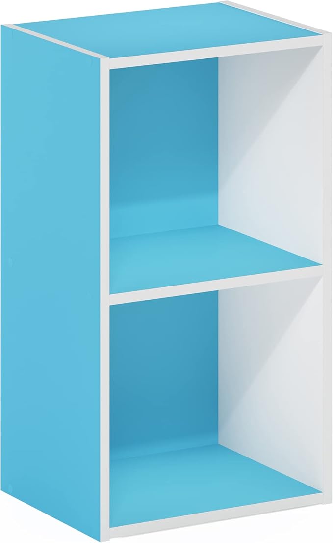 Furinno PASIR Book Shelf, 2-Tier Modern Bookshelf, Open Shelves Bookcase 9 x 12 x 21, for Living Room, Bedroom, Home Office, Light Blue/White