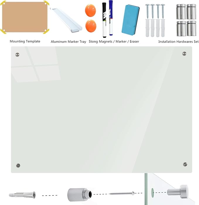 Glass Whiteboard 4' x 3', Magnetic Dry Erase Board Frameless Wall Mounting, Large Glass White Board for Office Home & School