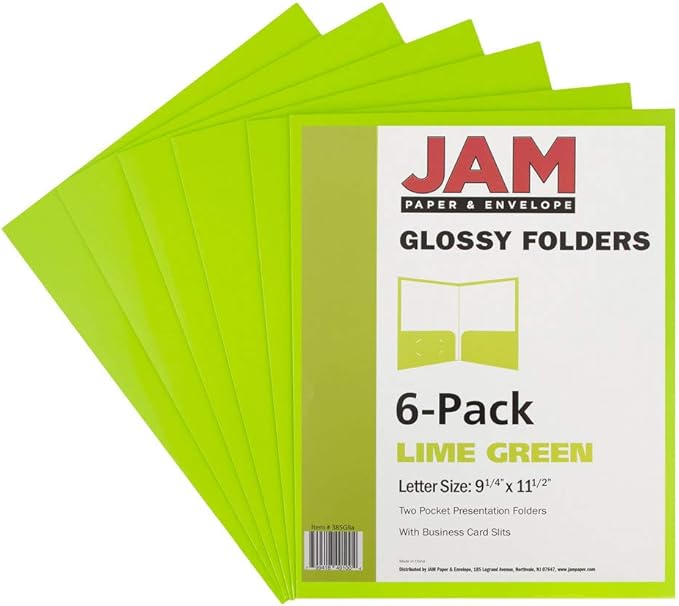 JAM PAPER Laminated Two Pocket Glossy School Folders - Letter Size - High Gloss Lime Green - Bulk 25/Pack
