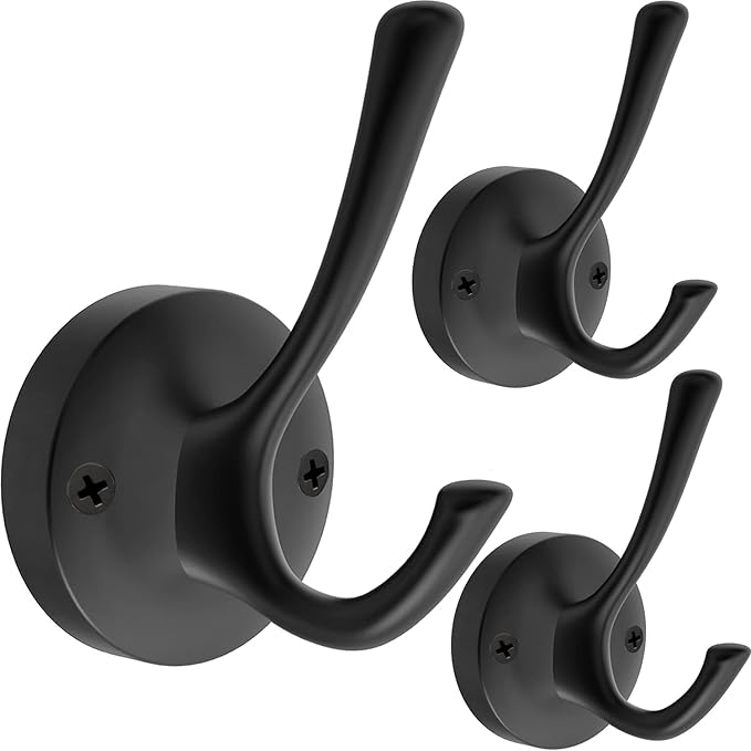 TOFIIGREM Black Wall Hooks Towel Hooks, 3 Pack Coat Hooks Robe Hook Heavy Duty Metal Double Bath Hook Wall Mounted, Hand Towel Hooks for Entryway Bathroom Kitchen Closet Garage
