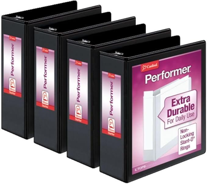 Cardinal Performer 3-Ring Binders, 3", Non-Locking Slant-D Rings, 725-Sheet Capacity, ClearVue Presentation, Non-Stick, PVC-Free, Black, 4-Pack (27601)