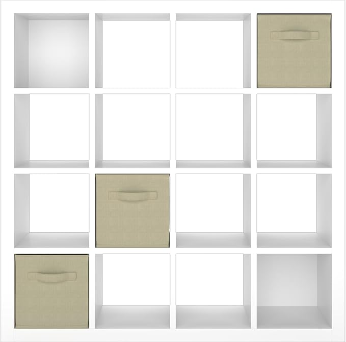 furtble Bookshelf with Storage Bins, 16-Cube Storage Organizer with Back Panels, Modern Wood Open Bookcase, Multifunctional Display Shelf for Living Room, Bedroom, Home Office, White
