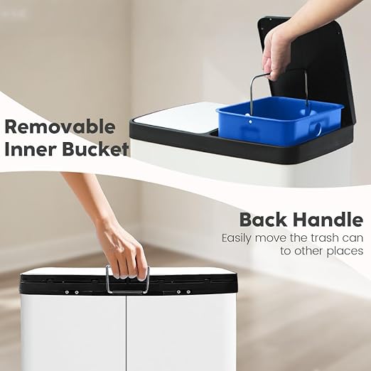 JM ·YIPENG Kitchen Trash Can, 2 x 8 Gallon (2 x 30 L) Recycling Bin with Lid, Double Trash Cans, Soft-Close Foot Pedal, 2 Compartments Garbage Cans for Kitchen, Dual Trash Can, White