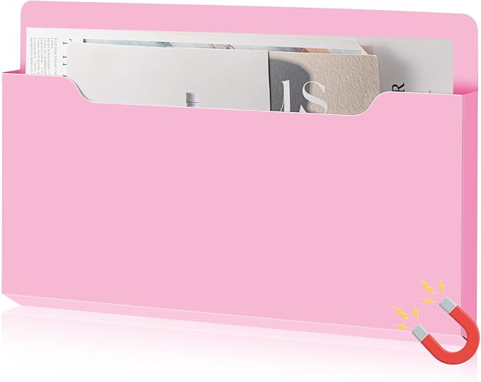 Feifeiya Magnetic Pocket File Holder Large File Folder Organizer Paper Mail Letters Holder Wall Hanging Office Supplies for Refrigerator Whiteboard Cabinets(13.8 x 8.3 Inch,Horizontal,Pink)