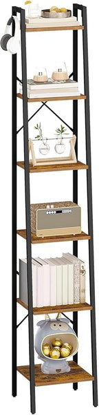 Hzuaneri Ladder Shelf, Bookshelf Bookcase, Freestanding Corner Storage Shelve with 2 Hooks for Home Office, Living Room, Kitchen, Bedroom, Industrial, 11.8"D x 13.4"W x 72.8"H, Rustic Brown BC13301B